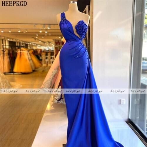 New Royal Blue One Shoulder Long Evening Dress Black Beads Sheath Sexy Prom Gowns Plus Size Wedding Party Dresses Robe Soiree