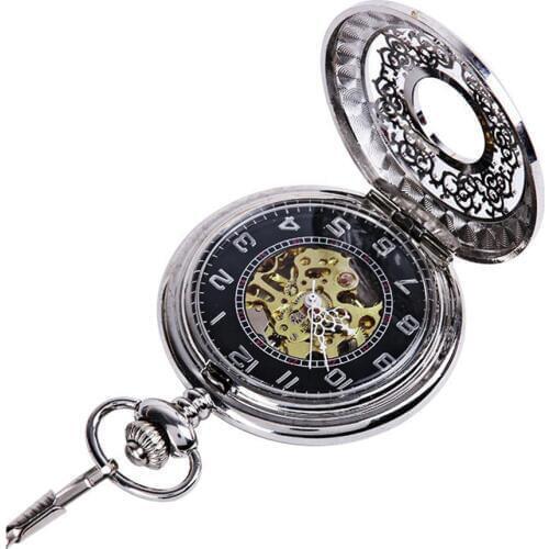 Retro Unisex Hollow Flower Round Dial Smooth Quartz Pocket Watches Hand Winding Chain Mechanical Pocket Watch Man Womens Gift
