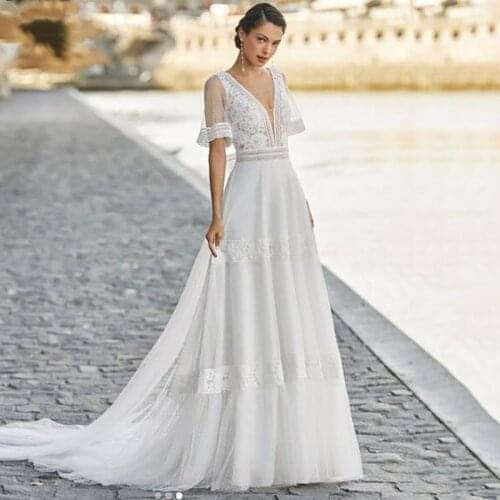 Wedding Dress Boho V Neck Sexy Open Back Robe De Mariee 2021 Lace Appliques Vintage Lace Country Formal White Ivory Bridal Gowns