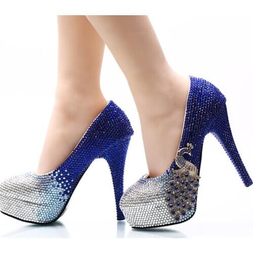 Fashion Wedding Party Shoes Thin Heel Royal Blue with Silver Crystal Bride Dress Shoes 14cm High Heel Pumps Bridesmaid Shoes