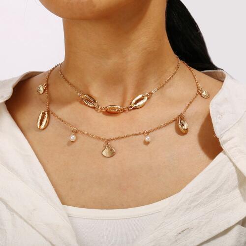 Vintage Geometric Multilevel Necklaces For Women Boho Fashion Gold Shell Artificial Pearl Pendant Necklace Jewelry Party Gift
