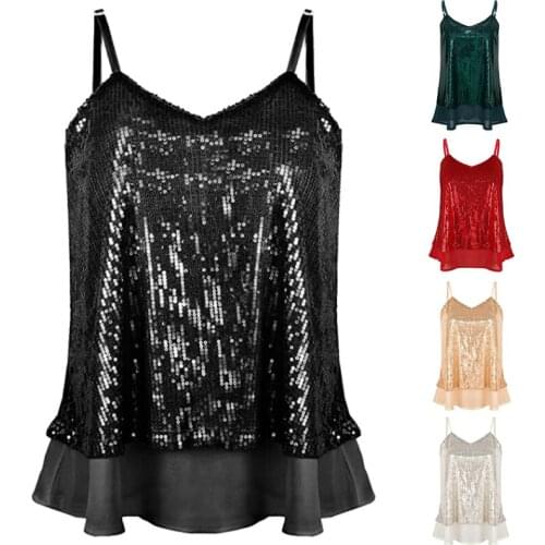 2021 Patchwork Vest Ladies Womens T-shirts V Neck Sleeveless Sequined Shirt Summer Sexy Party T Shirt Chic Sparkly Tops Female