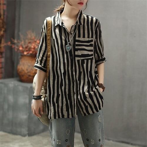 Korean Style Oversized Shirt Stripe Shirt Mujer Hip Hop 2021 Elegant Short Sleeve Mujer Concise Style Vintage Clothes
