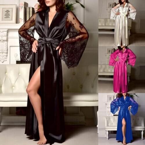 Women Long Sleeve Silk Sleepwear Autumn Ladies Lace Patchwork Nightgown Sexy Perspective Mesh Sleeve Splice Robe Nightdress