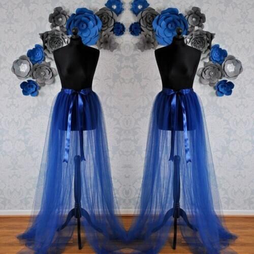 2020 Royal Blue Women Over Wrap Tulle Skirts Real Image See Thru Sexy Overskirt Long Women Tulle Skirt Mujer Faldas