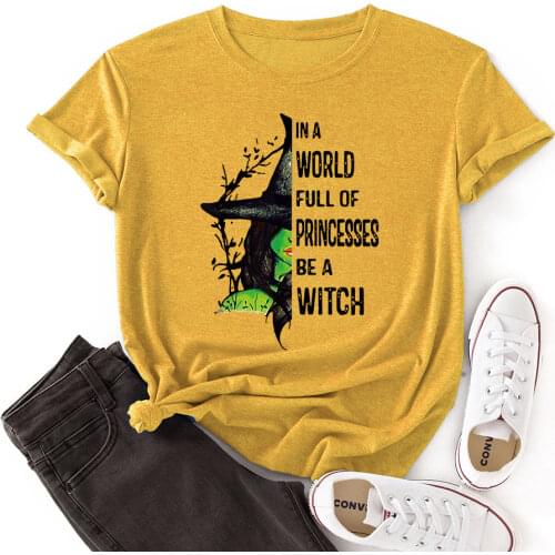 Women Crew Neck Short Sleeve Casual Summer T-shirts Halloween Witch Graphic Tee Shirts Tops Female Clothes Shirt