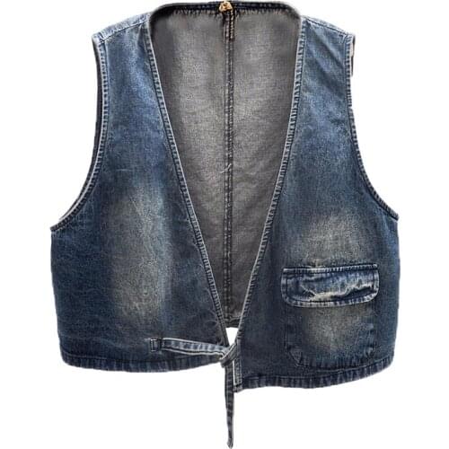 Womens Spring Autumn Sleeveless Vintage Blue Denim Vest Female Winter Plus Size Short Waistcoat 2XL TB337