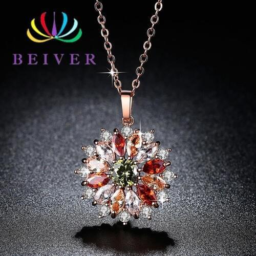 Beiver Multi-color Zircon Rose Gold Color Flower Necklace for Women 2019 New Fashion Wedding Jewelry