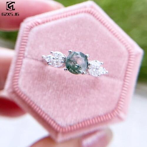 GZXSJG Natural Moss Agate Gemstones Ring for Women Solid 925 Sterling Silver Wedding Engagement Bride Unique Gift Fine Jewelry