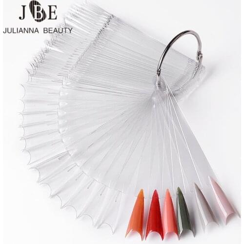 50Pcs/lot False Nail Tips Fake Nail Art Fan Shaped Palette Card Display Acrylic Practice Color Chart For Nail Polish With Ring