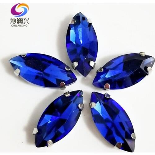 Free shipping Royalblue Horse eye shape High quality Glass Crystal sew on claw rhinestones,Diy Clothing accessories SWM11