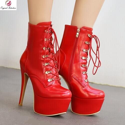 Stylish Platform Ankle Boots For Women Winter Sexy Thin Heels 17 Cm High Heeled Boots Patent Faux Leather Shoes Woman Size 33-48