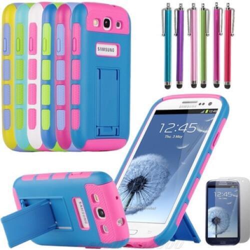 Hybrid Impact Dual Kickstand Silicone Cover Case For Samsung Galaxy S3 i9300 Case Cover Stylus Pen and Screen Protective Film