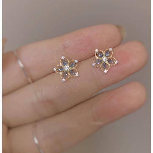 Designer original new blue gold rim inlaid orchid earrings hollow flowers luxury exquisite charm ladies silver jewelry