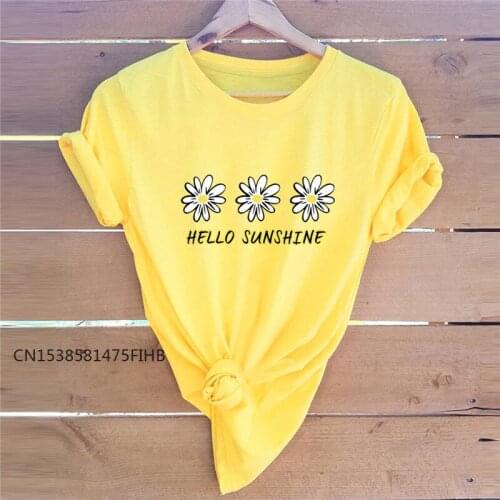Hello Sunshine Daisies Print T-Shirt Summer Women T Shirt Soft Premium Crew Neck TShirt Short Sleeve Tees Harajuku Tops