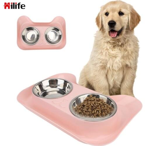 Cat Feeding Leakproof No Spill Pet Product Double Stainless Steel Dish Dog Cat Food Container tray Pet Drinking Bowl Food Feeder