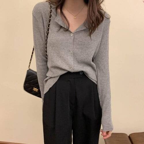 LJSXLS Gray V-Neck Knitted Sweater Womens Spring Autumn Thin Top Femme Pullovers Clothes Long Sleeve Open Stitch Sweaters Women