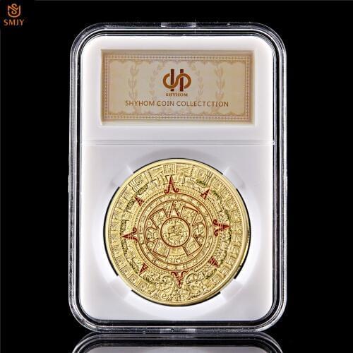 Ancient Mexican Mayan Aztec Calendar Prophecy Culture Gold Plated Metal Challenge Token Coin Collectibles W/ PCCB Case