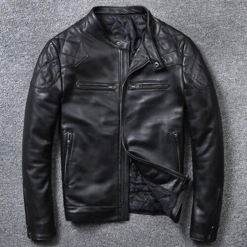 2019 Sheepskin Leather Jacket Mens Slim Fit Motorcycle Clothing Fashion Stand Collar Short Black Genuine Leather Coat Male