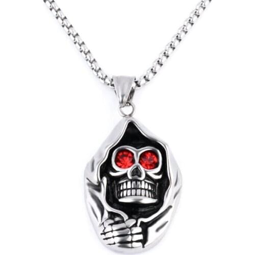 Mens Punk Evil Eye Skeleton Pendant Necklace Titanium Steel Biker Long Chain Vintage Skull Head Party Necklace Jewelry Gift