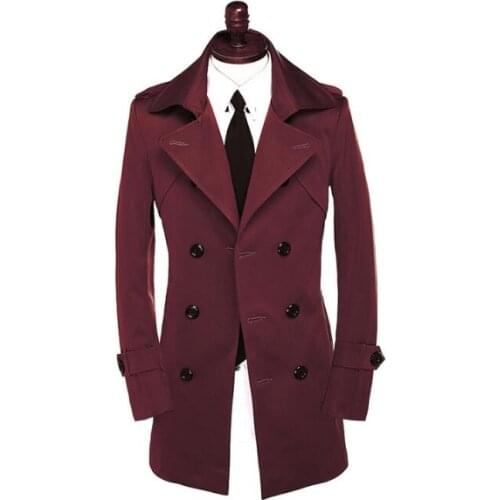 Mens trench coats spring autumn red man middle long coat men clothes double breasted slim overcoat long sleeve plus size S - 9XL