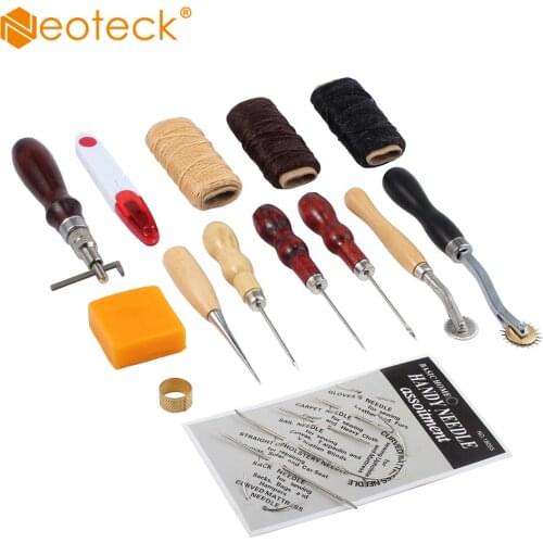 Neoteck 14Pcs Leather Craft Tool Set Tools Kit Hand Stitching Sewing Thread Awl Thimble Straight head awl