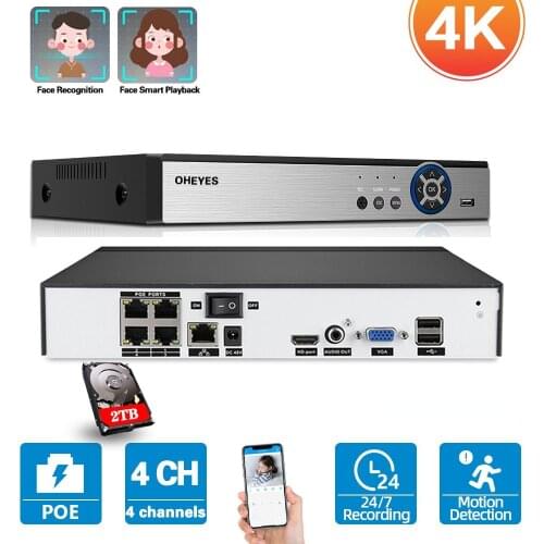 H.265 5MP 4CH 48V POE NVR System Audio Output Motion Detection 4 Channel Surveillance Security Video Recorder For POE IP Camera