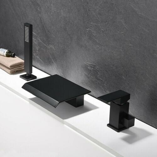 Widespread 3 Holes Waterfall Tub Mount Faucet Black Roman Bathtub Filler with Handshower