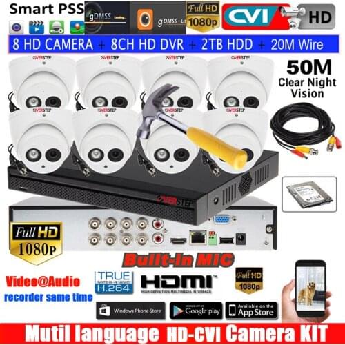 XVR5108HS-S3 8ch CVI Security Camera System with 2MP 1080P Waterproof HDCVI IR Eyeball audio Camera HAC-HDW1220EM-A PSS support