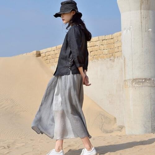 SCUWLINEN 2020 Spring Summer Women Skirts Elastic Waist Patchwork Double Layer Long Ramie Skirts S1040