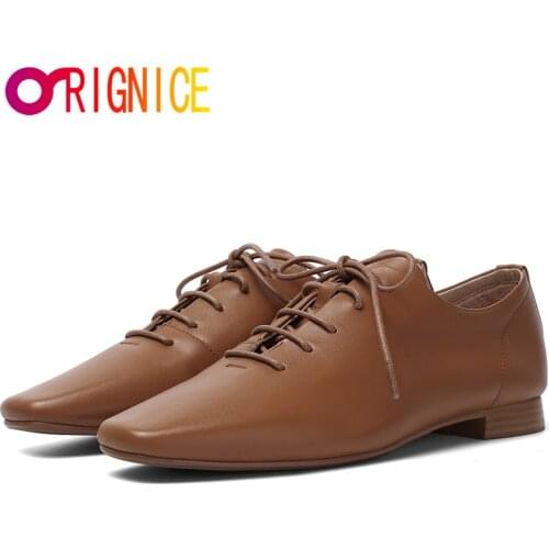 Orignice New Fashion Brand Spring Summer Women Flat Loafers High Quality Genuine Leather Lace Up Square Toe Casual Shoes Brown