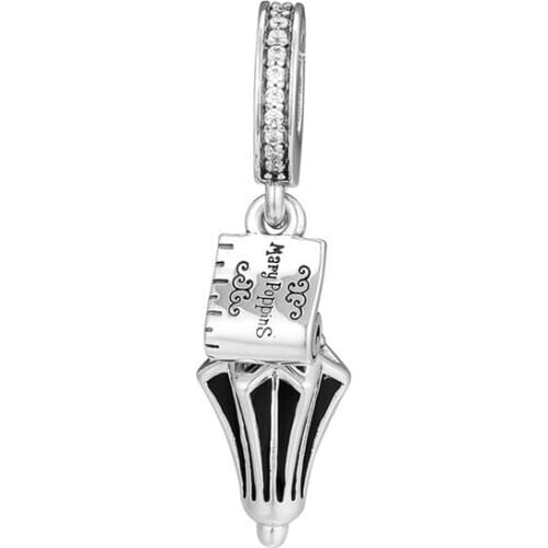 Mary Poppins Umbrella Dangle Charm Clear CZ & Black Enamel DIY Fits Beaded Bracelets Women Silver 925 Beads for Jewelry Making