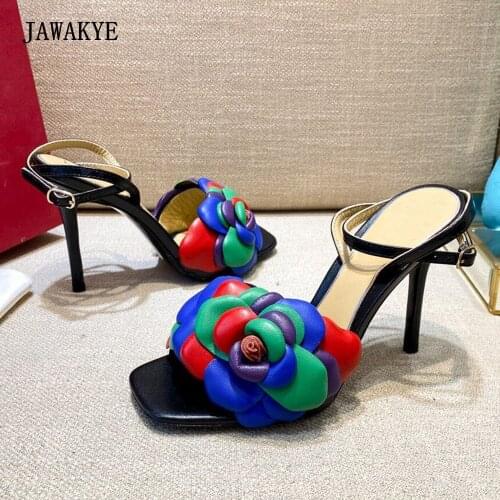 Mixed Color Flower Petal Women Summer Shoes Open Toe Ankle Strap Thin High Heels Real Leather Women Party Wedding Sandals