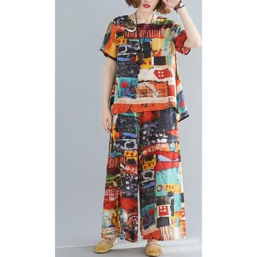 Cotton Vintage Print Summer Casual 2 Two Piece Set Short Sleeve Loose Tee T-shirt Women Tops Femme 2021 Wide Leg Pants Suits