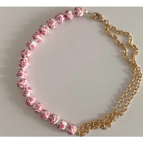 Women Exquisite Ceramic Beads Necklace Pink Blue Printed Bead Punk Chain Asymmetric Design Neck Accessory Banquet Party Jewelry