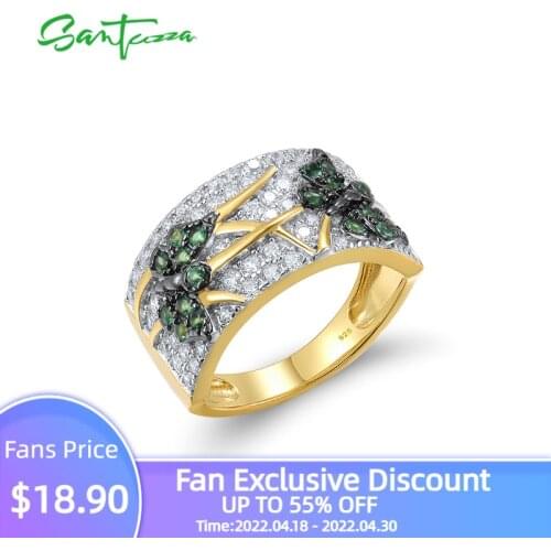 SANTUZZA Authentic 925 Sterling Silver Rings For Women Round Green Spinel Butterfly Animal Gold Plated Wedding Gift Fine Jewelry