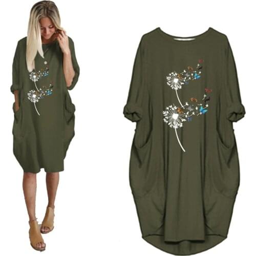 Autumn Midi Dress Women 2021Long Sleeve Dresses Dandelion Butterfly Print O Neck Loose Pocket Casual Vintage Vestidos Robe Femme