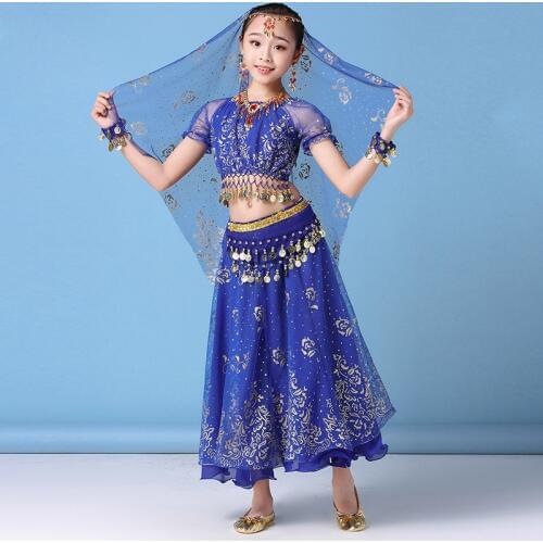 2019 Children Dance Wear Festival Performance Clothes Off Shoulder Girls Bollywood Costume Set (Top Belt Skirt Veil Headpiece)