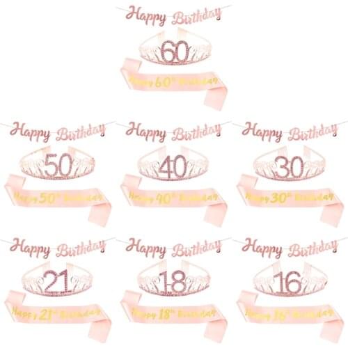 3Pcs 16/18/21/30/40/50/60th Birthday Sash Rhinestone Crown Happy Birthday Banner Birthday Decoration Set for Girls Women