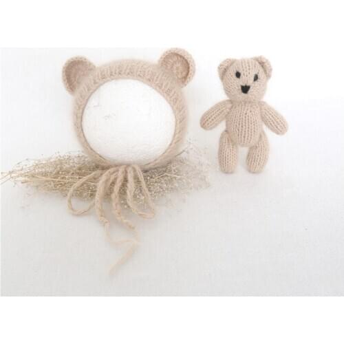 Angora Mini Teddy Bear Hat and Toy Set Knitted Beige Fluffy Newborn Bonnet Posing Toy New born Phtoography Props Knittd Bear