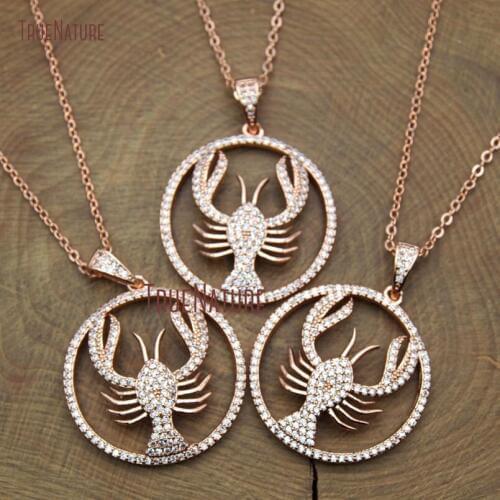 Rose Gold Elegant Link Chains Cubic Zirconia Style Mosaic Lobster Cute Langouste Shape Pendant Necklace 18 Inch NM10508
