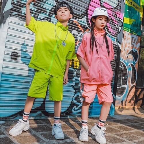 Kid Hip Hop Clothes For Girls Pink/Green Short Sleeve Suit Tops Shorts Street Outfit Hip Hop Practice Performance Wear DNV14473