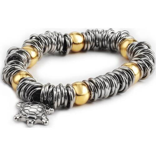 For Mens Womens Gold color Bead Bracelet Silver color elastic 316L Stainless steel Bracelets Fashion Turtle Pendant Jewelry