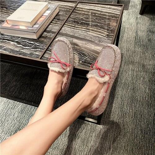 Brand Water Diamond Doudou Shoes Womens Winter Plush Wool Shoes With Lefu Shoes And Flat Bottom Wool And Cotton Shoes