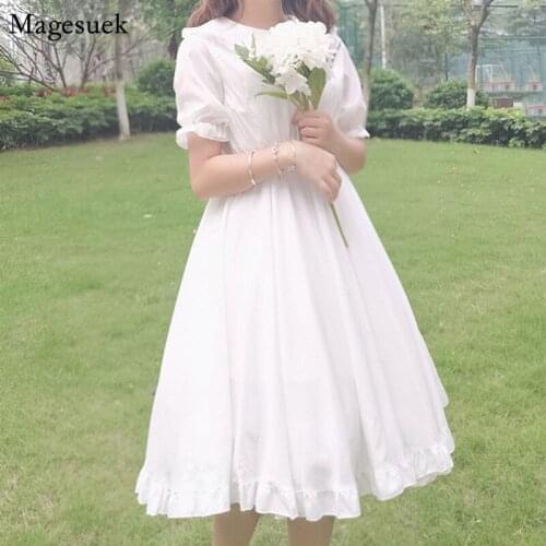 Japanese Summer Dresses Cute Lolita Style White Dress Girl Ruffles Peter Pan Collar High Waist Princess Fairy Dress Kawaii 9857