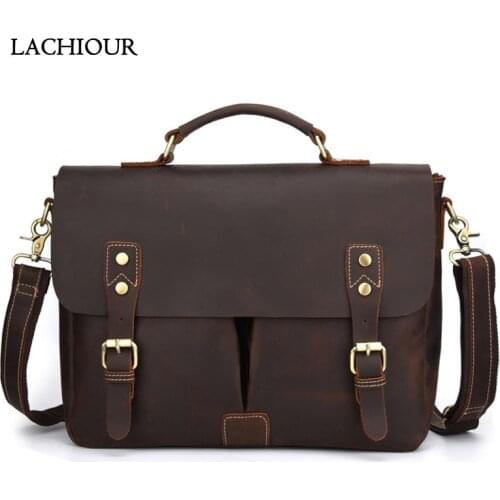LACHIOUR Men Leather Satchels Handbag Vintage Mens Crazy Horse Leather Laptop Bag Male Genuine Leather Business Messenger Bag