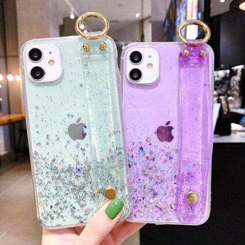 Soft Glitter Wrist Strap Phone Case For iPhone 12 11 Pro Max XR XS Max X 7 8 6S 6 Plus SE 2020 Mini Transparent Cases Cover