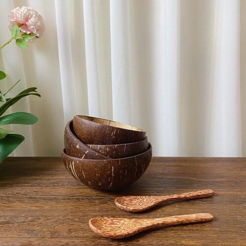 Natural Coconut Bowl Spoon Set Fruit Salad Noodle Rice Bowl Wooden Creative Coconut Shell Bowl Tableware Cutlery Set Wooden Bowl