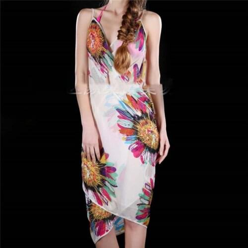 Printed Cover-ups Sexy Beach Dress Women Halter Sling Chiffon Beach Towel Bikini Wrap Pareo Skirts Open-Back Swimwear