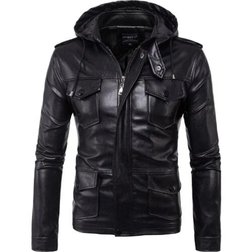 Nice New Europe and America Mens hooded motorcycle leather jacket Autumn Multi-pocket Black PU leather jacket coat Big Size 5XL